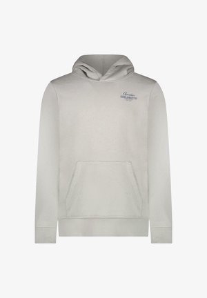 Lichtgrijze hoodie met een voorvak. Voorzien van een capuchon met trekkoord en een "Garden Delights" logo in blauw gedrukt op het borstgebied.