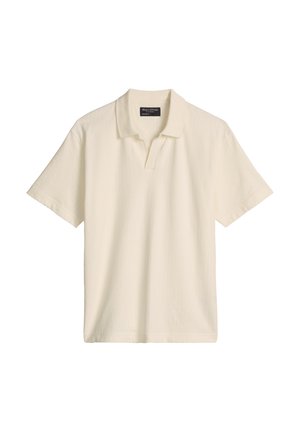 Polohemd in off-white, korte mouwen, gestructureerde stof, met een omgeslagen kraag en een knoopsluiting met drie knopen. Label zichtbaar bij de nek.