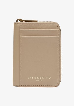 Beige leather wallet with gold brand logo, zip closure, and multiple card slots. Smooth texture with stitched edges for durability.