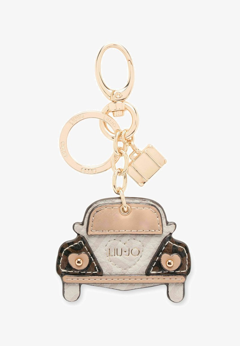 Portachiavi in pelle a forma di auto, caratterizzato da una combinazione di colori beige e marrone, con dettagli dorati e il nome del marchio impresso sul retro.