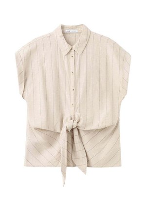 Camicia beige a maniche corte con sottili righe verticali, nodo frontale, colletto e vestibilità ampia.