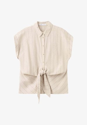 Camicia beige a maniche corte con sottili righe verticali, nodo frontale, colletto e vestibilità ampia.