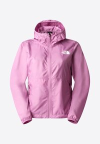 Vaaleanpunainen kevyt hupullinen takki, jossa etuvetoketju, vetoketjulliset taskut, joustavat hihansuut ja rinnan valkoinen "The North Face" -logo.