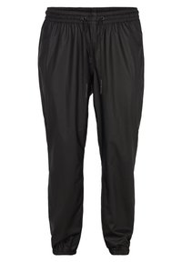 Pantalons de jogging noirs en tissu léger et lisse, avec une taille élastique, un cordon de serrage ajustable et des poignets élastiques aux chevilles.