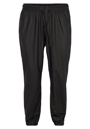 Black jogger pants made of lightweight, smooth fabric with an elastic waistband, adjustable drawstring, and elastic cuffs at the ankles.