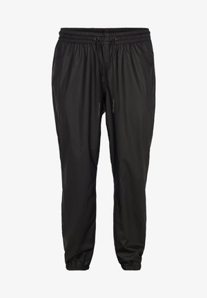 Mustad mustad jogger püksid, mis on valmistatud kergest ja siledast kangast, elastse vöökoha, reguleeritava nööriga ja elastsete mansettidega pahkluudes.