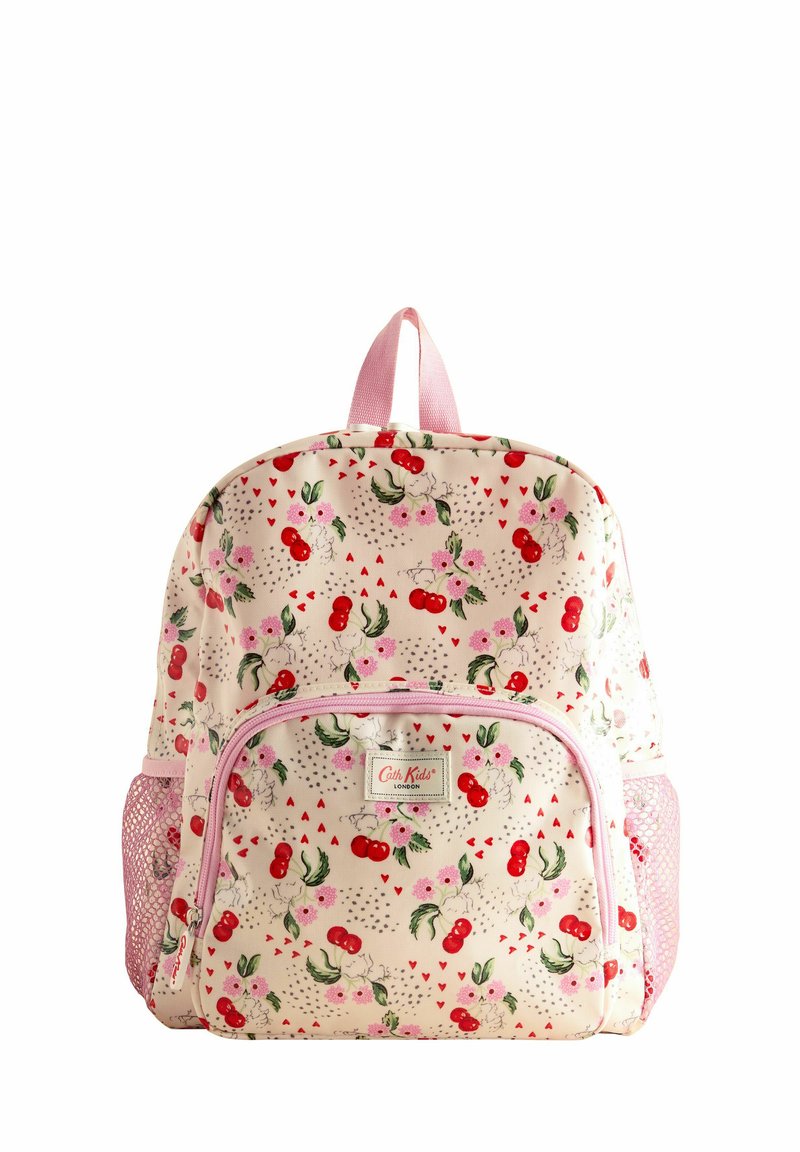 Krém színű hátizsák, cseresznye és virágmintákkal. Rózsaszín kiegészítők, nagy fő rekesszel és hálós oldalsó zsebbel.