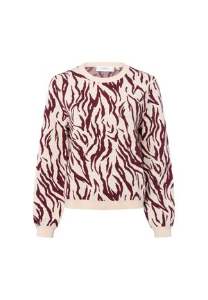 Beige- und burgunderfarbener Langarmpullover mit Rundhalsausschnitt, der ein abstraktes, zebraähnliches Muster sowie gerippte Bündchen und Saum aufweist.