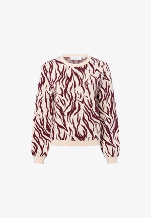 Beige and burgundy long-sleeve sweater with crew neck, featuring an abstract zebra-like pattern and ribbed cuffs and hem.