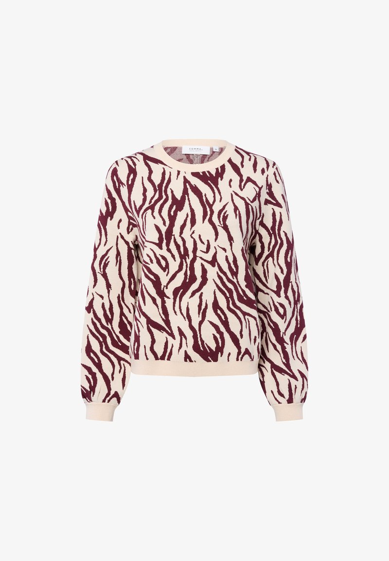 Beige- und burgunderfarbener Langarmpullover mit Rundhalsausschnitt, der ein abstraktes, zebraähnliches Muster sowie gerippte Bündchen und Saum aufweist.