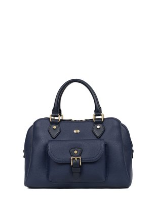 Borsa a mano in pelle blu navy con doppi manici, tasca frontale con fibbia, ferrature in tono oro e superficie testurizzata.