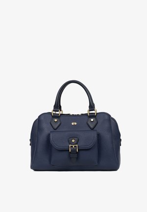 Borsa a mano in pelle blu navy con doppi manici, tasca frontale con fibbia, ferrature in tono oro e superficie testurizzata.