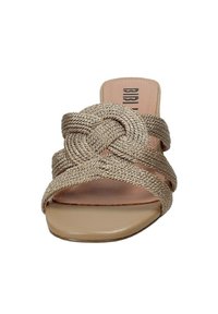 Le ciabatte trasparenti beige in metallo, con un design a cintura annodata, presentano una suola piatta e una soletta imbottita con una texture liscia.