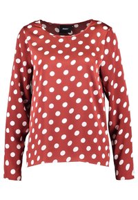 Rotes Langarmshirt mit weißen Pünktchen, Rundhalsausschnitt und glattem Stoff. Lässige Passform mit herabgesetzten Schultern und genähtem Saum.