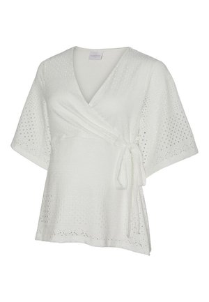 Valge lühikese varrukaga ümberpandav pluus silmkoelise kangaga, V-kaelusega ja külje peal asuva lipsuga sulgemisega.