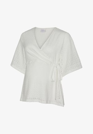 Valge lühikese varrukaga ümberpandav pluus silmkoelise kangaga, V-kaelusega ja külje peal asuva lipsuga sulgemisega.