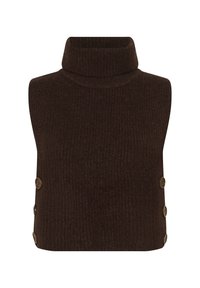 Smeđi rebrasti turtlenek džemper bez rukava s bočnim detaljima od dugmadi. Ima uski kroj i mekani materijal.