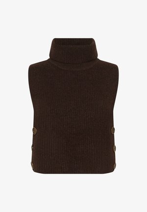 Brauner gerippter Rollkragenpullover ohne Ärmel mit seitlichen Knopfakzenten. Verfügt über ein enges Design und eine weiche Textur.
