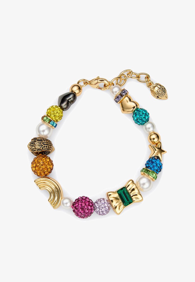 Bracelet coloré en perles avec accents dorés, cristaux de différentes teintes et perles. Comprend des formes d'étoile, de nœud et d'arc-en-ciel avec des perles texturées.