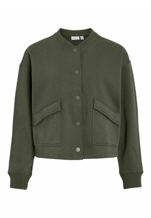 Donkergroene, geknipte sweatshirtjack gemaakt van een katoenmix, met een ronde halslijn, drukknoopsluiting en twee voorzakken.