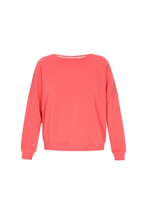 Pulover coral dintr-un material moale, cu guler rotund, maneci lungi și o croială relaxată. Include un branding discret pe piept.