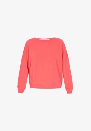 Korall pulóver puha anyagból, kerek nyakkivágással, hosszú ujjakkal és laza szabással. Finom logó található a mellkason.
