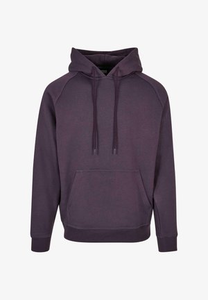 Sudadera con capucha morada hecha de tela suave. Presenta un bolsillo tipo canguro, cordones y puños y bajo acanalados. Diseño minimalista.