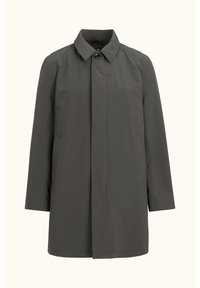 Grå, lätt ytterrock med krage, sidofickor och rak skärning. Tillverkad av slät, vattentålig material.