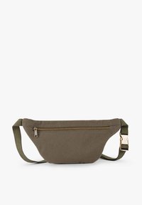 Fanny pack in olive green canvas with a zipper closure, adjustable strap, and gold-toned hardware. Simple, tapered design.