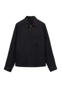 Black linen jacket featuring a collared neckline, front zipper closure, and a chest pocket with a smooth texture and relaxed fit.