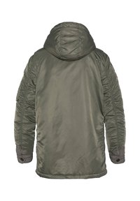 Zielony oliwkowy izolowany płaszcz z kapturem, charakteryzujący się gładką teksturą, elastycznymi mankietami i bocznymi kieszeniami. Widok z tyłu ukazuje minimalne detale.