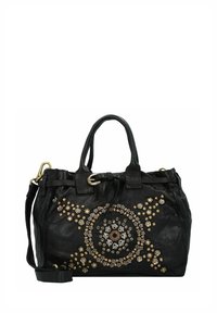 Borsa a mano in pelle nera con perline circolari e dettagli in gemme. Presenta doppi manici superiori e una tracolla removibile. Finitura texture.