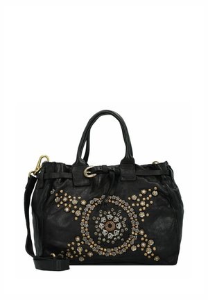 Borsa a mano in pelle nera con perline circolari e dettagli in gemme. Presenta doppi manici superiori e una tracolla removibile. Finitura texture.