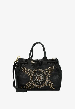 Borsa a mano in pelle nera con perline circolari e dettagli in gemme. Presenta doppi manici superiori e una tracolla removibile. Finitura texture.