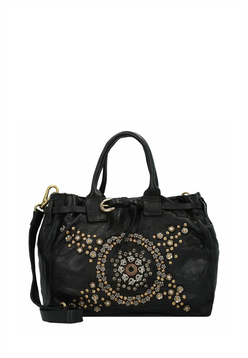 Borsa a mano in pelle nera con perline circolari e dettagli in gemme. Presenta doppi manici superiori e una tracolla removibile. Finitura texture.