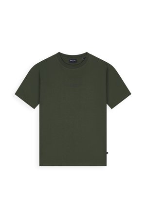 Effen donkergroene katoenen T-shirt met korte mouwen en ronde hals, centrale merklabel binnenin in de kraag en een klein zijlabel vlakbij de zoom.