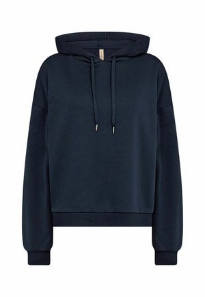 Hanorac pulover de culoare bleumarin închis, cu mâneci lungi, șnururi în față și manșete și tiv ripstate, prezentat pe un fundal alb.