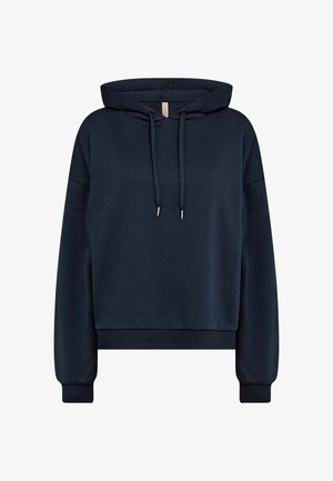 Hanorac pulover de culoare bleumarin închis, cu mâneci lungi, șnururi în față și manșete și tiv ripstate, prezentat pe un fundal alb.