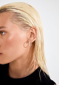 Sudraba apli aussprādze, kas valkāta kreisajā ausī, ar gludu virsmu un apaļu formu. Mati ir blondi un nosmērēti atpakaļ.