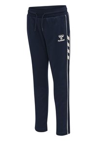 Joggers azul marino hechos de tela suave, con cintura elástica, cordón y rayas laterales blancas con un logo en el muslo izquierdo.