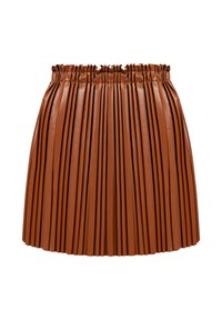 Brun plisserad kjol i syntetläder med elastisk midja. Har fint avstånd mellan vertikala veck för textur och form.
