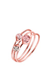 Bague en or rose avec trois pierres multifacettes : une claire, une rose pâle et une rose plus foncée, sur des anneaux entrelacés.