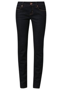 Jeans in denim scuro con taglio slim, con chiusura a bottoni, cinque tasche e cuciture sottili dorate lungo le cuciture.