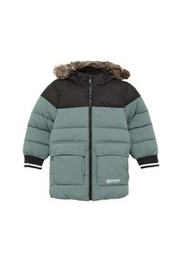 Ge polsterte Jacke mit einem Türkisfarbenen Körper und schwarzen Schultern, fellgefütterter Kapuze, Reißverschluss vorne und zwei großen Fronttaschen. Schwarze gerippte Bündchen.