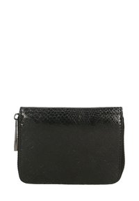 Borsetta in pelle nera con una finitura in pelle di serpente texture. Presenta una chiusura con zip e un piccolo etichetta attaccata per un facile accesso.