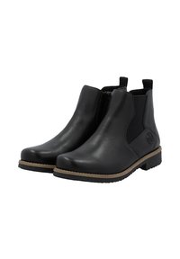 Bottines en cuir noir avec panneaux élastiques sur les côtés, bout rond et semelle en caoutchouc texturée. Présente un logo décoratif sur le côté extérieur.