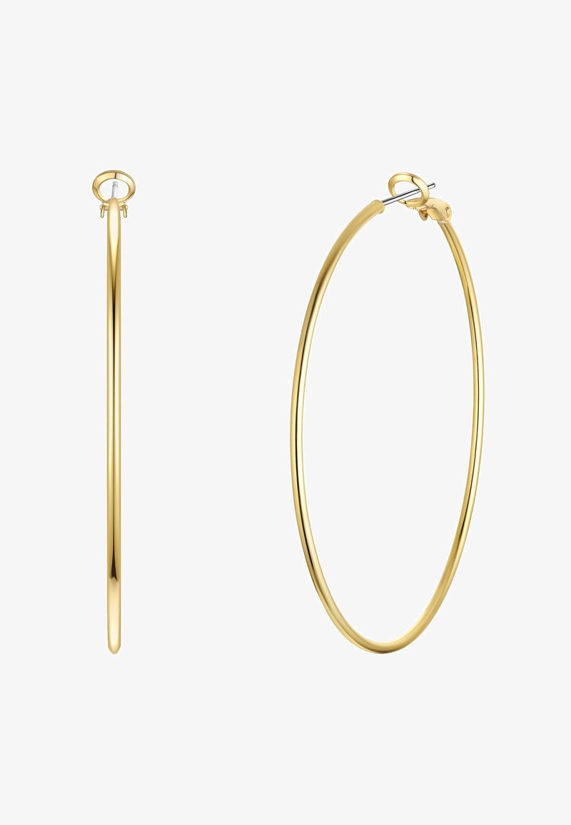 Guldmeta hoopörhängen med en slät, polerad yta; cirkulär form med en tunn design och en säker låsning.