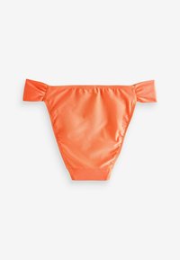Narancssárga bikini alsó rész fényes anyagból, oldalt ráncokkal és sima felülettel. Klasszikus formájú, elasztikus derékkal.