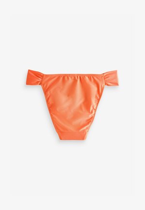 Orange Bikinislips aus glänzendem Stoff mit gerafften Seitendetails und glatter Textur. Sie verfügen über eine klassische Form und einen elastischen Bund.