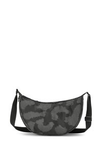 Geantă din material textil negru, cu formă de jumătate de lună, având un model abstract texturat și o curea ajustabilă. Închidere cu fermoar în partea de sus.